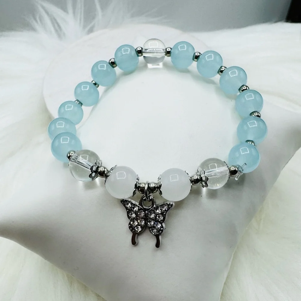 Blue Beaded w/ Sparkly Butterfly Charm Bracelet - Small wrists
